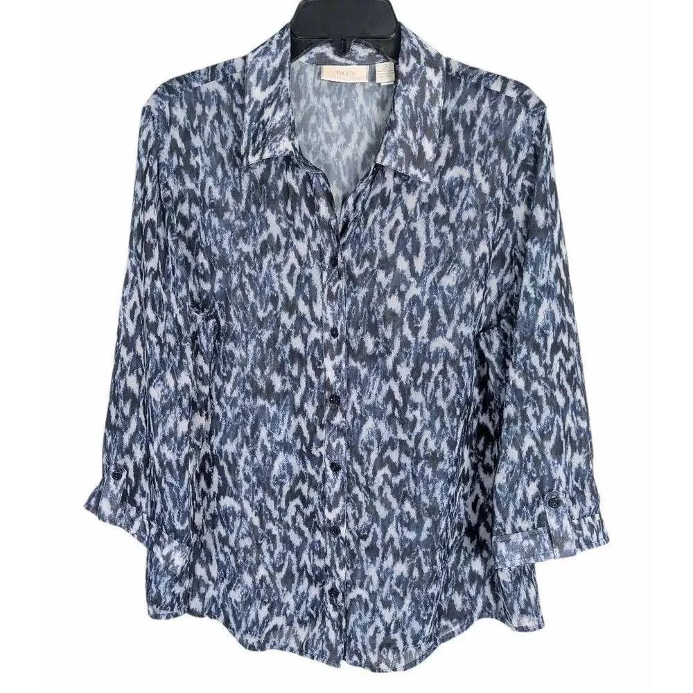 Chicos blue & black abstract sheer long sleeve blouse size 2 / L